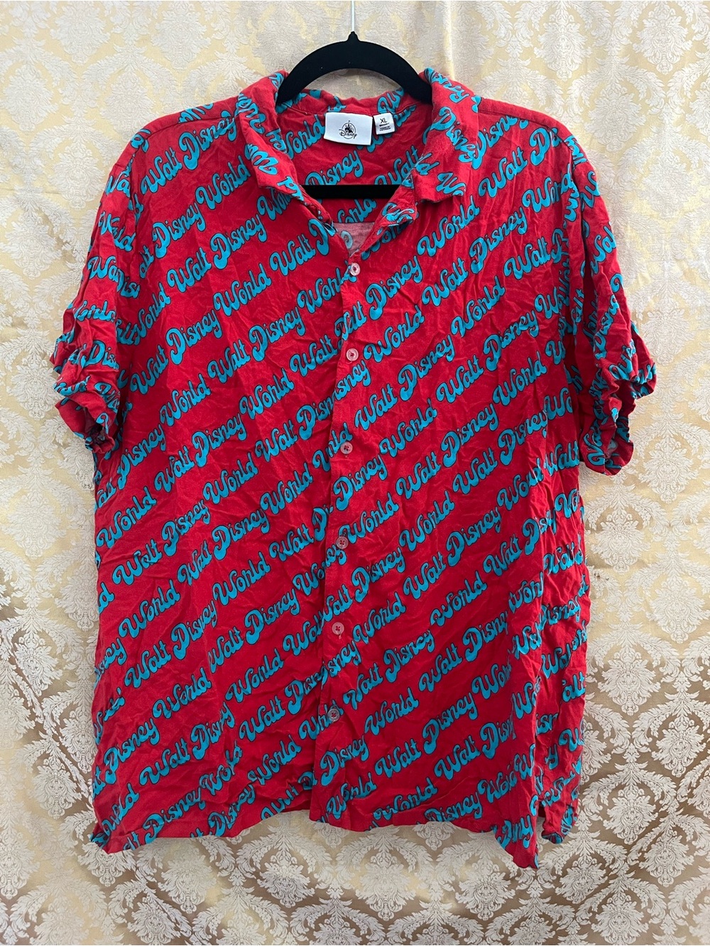 Disney Red Button-Up Shirt with Teal Walt Disney World Script